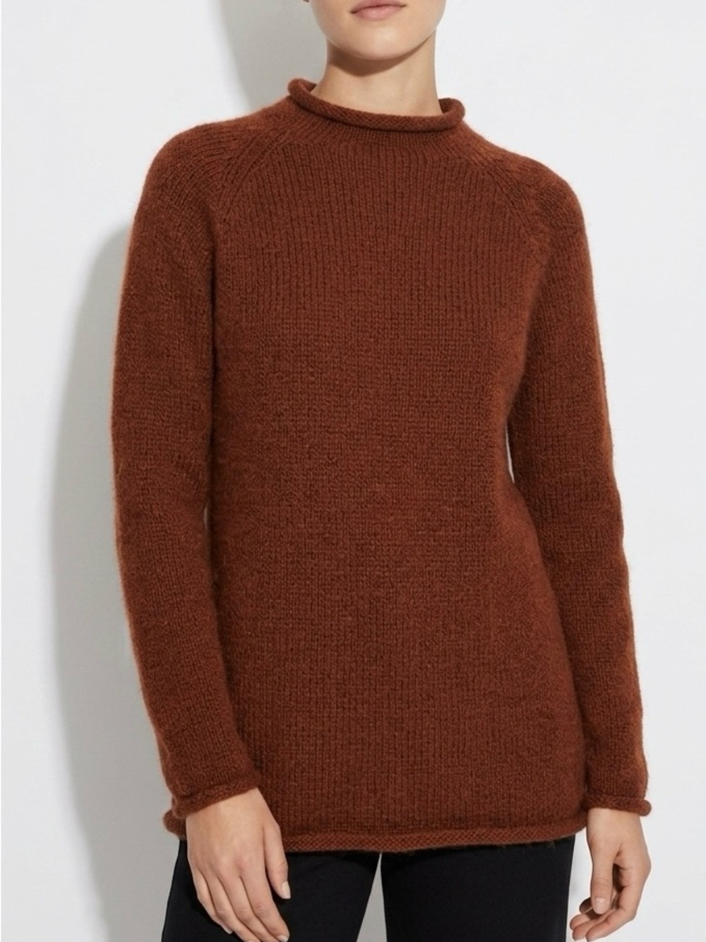 American South Side Alpaca Wool Rolled Funnel Neck Sweater Rust S Boho Chic